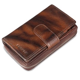 ROYALZ 'Dominica' Vintage Leather Women's Purse Large Multiple Compartments 18 Card Slots RFID Blocker Wallet Many Compartments XXL, Azorra Brown, Vintage