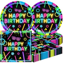 40Pcs Neon Birthday Party Decorations Let's Glow in the Dark Plates and Napkins Party Supplies Set for 20 Guests