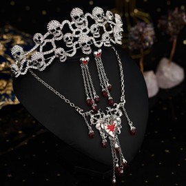 yuruyi Tiaras and Crowns for Women, Tiaras Earrings Necklaces Jewelry Set Headband Princess Queen Crown Tiara for Bride Prom Pageant Party Ceremony (Silver+Red)