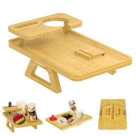 Multi-Functional Couch Arm Tray with Phone Holder, 3 in 1 Bamboo Sofa Arm Tray Clip Table Couch Armrest Table Foldable Couch Arm Tray for Eating, Drinks, Snacks, Remote, Control, Desktop Storage