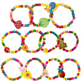 EASYKEENECOM 12Pcs Colourful Wooden Bracelets Set, kids bracelet,Kids Fashion Jewelry,Party Bag and Stocking Fillers Loot