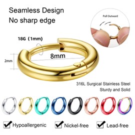 Adramata 8 Pairs 316L Surgical Stainless Steel Small Hoop Earrings for Men Women Hypoallergenic Huggie Hoop Earrings Cartilage Helix Lobes Sleeper Hoop Earrings Set 18G 8mm/10mm/12mm/14mm