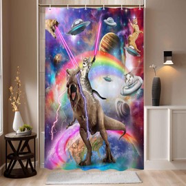 Funny Cat Shower Curtain Boys Kids Bathroom Decor, Cool Cat Riding Dinosaur on Fantasy Galaxy Hilarious Shower Curtains, Funky Outer Space Universe Anime Bath Curtain Fabric with 12PCS Hooks, 36X70IN