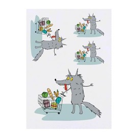 4 x 'Hungry Wolf Goes To The Supermarket' Temporary Tattoos - Water Resistant, Skin-Safe, Non-Toxic Transfers, Mixed Sizes (TO00075410)