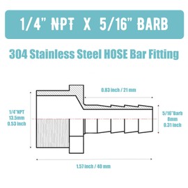 Hose barb fittings,304 Stainless Steel 5/16" Hose Barb x 1/4" NPT Male Thread Air Hose Barb Adapter Connector,Garden Barbed Hose Repair Fitting for gas/water/oil.(5 Pcs)