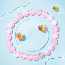 Mystic 6MM 8MM Mermaid Glass White Purple Blue Pink Bracelet with Glowing Moonstone Beads for Women Teen Girls (8MM Pink Silver Bead)