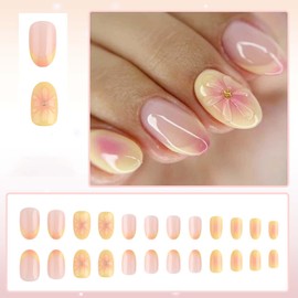 ONPRESS 24Pcs Summer Press on Nails Short Almond Fake Nails with 3D Flower Rhinestone Design Glue on Nails Yellow Pink French Tips False Nails Glossy Acrylic Nails for Women Girls Manicure