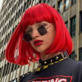 YEESHEDO Women's Red Short Bob Straight Hair Wigs with Fringe Heat Resistant Synthetic Colourful Wig for Women for Daily Party Cosplay Costumes