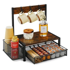 Poyilooo Coffee Bar Organizer with K Cup Holder,Coffee Pod Drawer Holder for 24 Pod Capacity, Storage Drawer with Dispoable Cups & Lids Holder, Coffee Bar Station Organier for Countertop, Kitchen