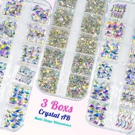 qiipii 3 Boxes AB Crystal Nail Rhinestones 240 Multi-Shapes Crystal White AB Rhinestones Big Gems Nail Charms AB Flatback Round Beads K9 Glass Crystals Stones Nail Art for Nails Eyes Makeup Crafts DIY