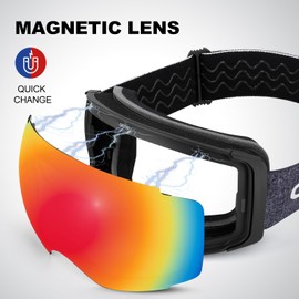 Odoland Ski Goggles, OTG and UV Protection Snowboard Goggles with Magnetic Interchangeable Lens for Men & Women, Black Frame Blaze Lens 15%