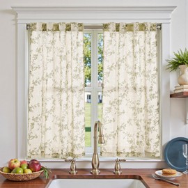 jinchan Floral Kitchen Curtains 45 Inch Linen Tier Curtains Farmhouse Cafe Half Window Drapes for Small Windows Light Filtering Sage Green on Beige for Living Room Bathroom Back Tab 2 Panels