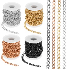 PATIKIL 65.6Ft Aluminium Curb Chains Twisted Links, 4 Rolls 10x7mm Curb Chain Spool Jewelry Making Chains Craft Chain for Necklace Bracelet Earring, Gold/Silver/Rose Gold/Black