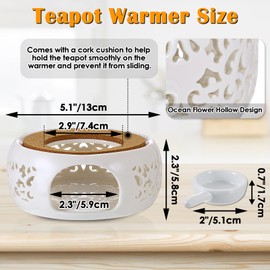 BSTKEY Teapot Warmer, Ceramic Tea Warmer with Tealight Holder and Cork Cushion, Teapot Heater for Heating Coffee Milk Tea (White, Ocean Flower Style)