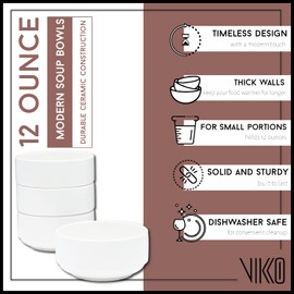 Vikko White Soup Bowls, Set of 6 Bowls for Kitchen, 12 Ounce Cereal Bowl, Small Ceramic Bowls, Rice Bowls Set, Small Bowls for Side Dishes, Dishwasher and Microwave Safe Bowls