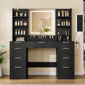 DWVO Vanity Desk with Mirror and LED Light, Large Makeup Table with Power Outlets, 9 Drawers, 5 Open Shelves & 2 Holes Storage, 3 Compartment Cosmetic Organizers, Hair Dryer Rack, for Bedroom, Black