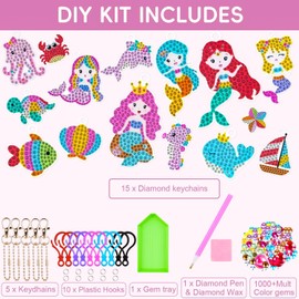 5D Gem Diamond Art Kit for Kids, Make Your Own Gem Art Keychains by Number, Cartoon Diamond Art Easy Kits, DIY Crafts Birthday Gifts Thanksgiving Christmas for Girls Boys Ages 6-8-12 (Mermaids)