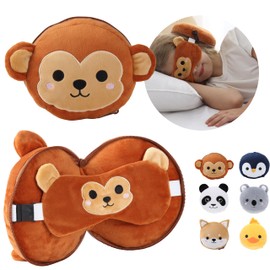 ecoZen Lifestyle Travel Pillow Set with Eye Mask - Comfort for Traveling Kids - Soft and Supportive Kids Sleep Mask Neck Pillow for Plane, Car, or Train Journeys - Monkey Design