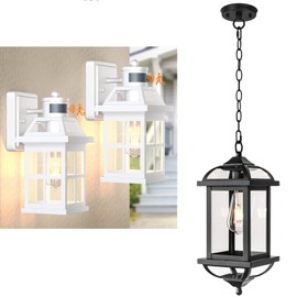 Roravilila 2-Pack White Motion Sensor Outdoor Lightings Plus 1-Pack No Sensor Outdoor Pendant Ligt Anti Rust Aluminum Made IP65 Waterproof, E26