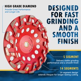 7" High Performance Diamond Grinding Wheels for Aggressive Concrete, Paint, Epoxy, Mastic, Coating Removal, #18/20 Grit, S Segments, 7/8"-5/8" Arbor