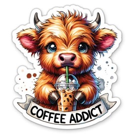 Highland Cow Coffee Addict Stickers - 2 Pack - Waterproof Vinyl for Car, Phone, Water Bottle, Laptop - Highland Cow Cute Iced Coffee Decals (2-Pack)