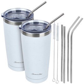 Rosenstein & Söhne Set of 2 Double Wall Insulated Mugs, White, 600 ml, Stainless Steel