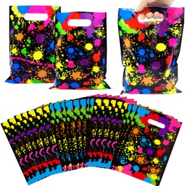 Omlisca Neon Party Favors Bags 50 Pieces Let's Glow in The Dark Party Supplies Colorful Goodie Candy Gift Bags Plastic Treat Bags with Handles Birthday Retro 80's 90's Party Decorations