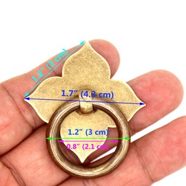 LXZ 6 PCs Vintage Antique Brass Ring Pulls with Four-Leaf Clover Shaped Base - Pure Brass Cabinet Hardware- Ring Size 1.2" (3 cm)