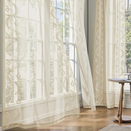 TOPICK Embroidery Floral Net Curtains for Windows 90 Inch Drop, Linen Look Light Filtering Voile Curtains for Bedroom, Semi Transparent Eyelet Sheer Living Room Curtain 2 Panels, Beige, 55Wx90L Inch