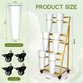 LEALIBAUSS Flower Bar Stand with 6 Buckets, 3-Tier Metal Flower Display Stand on Wheels, Mobile Flower Cart for Indoor & Outdoor Garden, Flower Shop, Wedding, Party Decor(Gold)