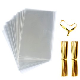 FUNNYARD Bolsa transparente de celofán, 200 bolsas de celofán de 4 x 6 pulgadas, con lazos de torsión de 4 pulgadas, para regalo de boda, panadería, galletas, postres, cumpleaños, pasteles, suministros de buffet