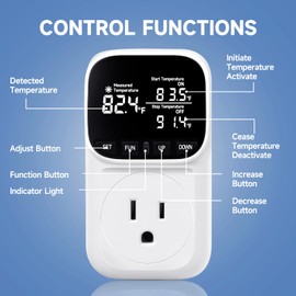 COMYAN Temperature Controlled Outlet , 15A/1800W Digital Thermostat Outlet, Cyclic Timing/Countdown, -40℉~210℉ VA Display Heating Cooling Control Timer with 2Pcs Probe Cable for Reptile Incubator