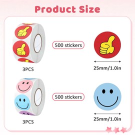 Luckwaii Smiley Stickers 6 Rolls 3000 Pieces Emoji Sticker Set, 1500 Smiley Face Stickers in 8 Colours and 1500 Stickers Thumb High Round 2.5 cm, Teacher Reward Stickers for Reward Stickers, Party