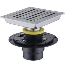 6 Inch Square Shower Floor Drain with Base Flange, SUS 304 Stainless Steel Grid Patten Grate Cover Removable, Adjustable Threaded Drain Strainer, Brushed Nickel