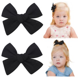 Jollybows 2pcs 3.2" Hair Bows Clips for Baby Girl Toddler Pigtail Neutral Linen Hair Clip Bows -Black