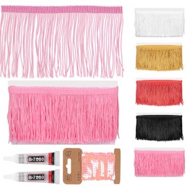Glarks 4pcs 5 Yards x 4in Sewing Fringe Trim Set, Pink Tassels Trim with 5 Yards Sequin Strip and fixing tools, Chainette Fringe Trim, Versatile Fringes for DIY Craft Clothing and Dress Decoration