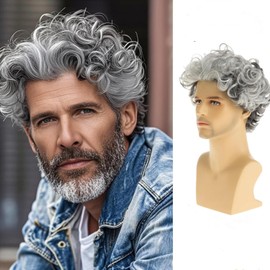 Short Culry Grey Wig for Men Short Wavy Cosplay Layered Wigs, Grey mixed White