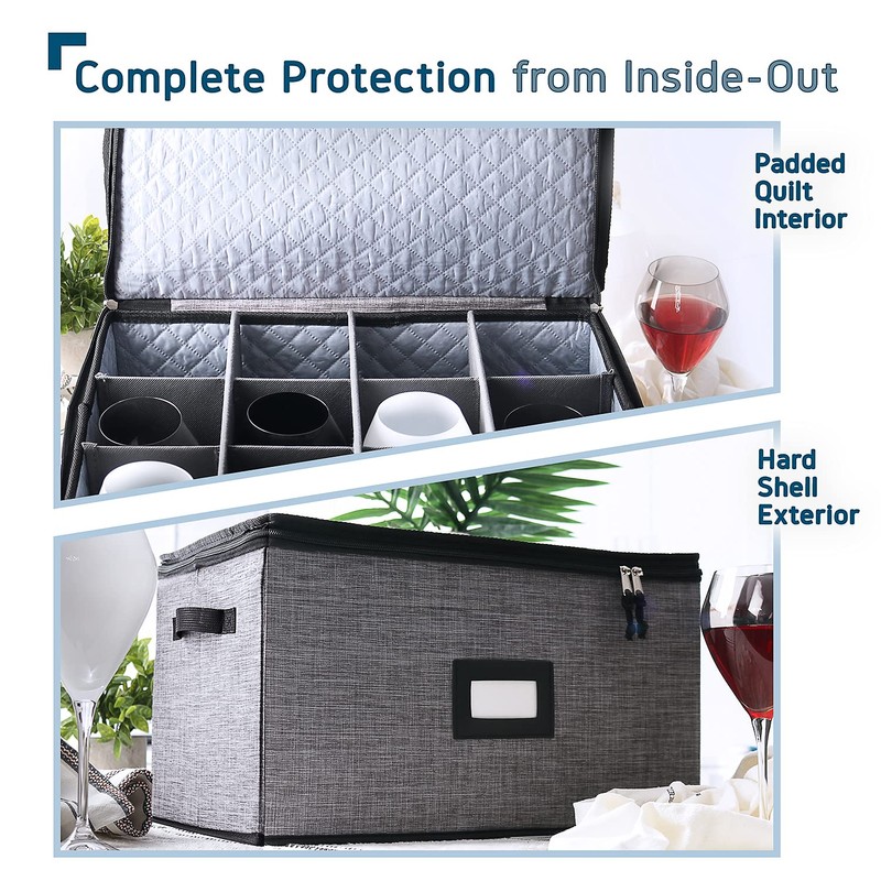 Wine Glass Storage Box with Dividers, 2 Pack Stackable Stemware