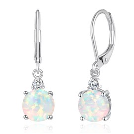 Datiny Round-Cut White Opal Dangle Earrings Trendy 14k White Gold Plated Dangle Earrings Leverback Gemstone Drop Earrings Hypoallergenic Birthstone CZ Earrings Jewelry Gifts for Women