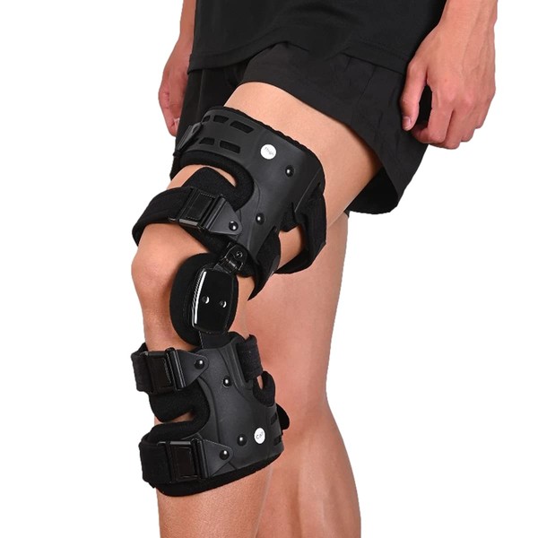 Komzer OA Unloader Knee Brace, Osteoarthritis Adjustable ROM Stabilizing Protection and Recovery from Load Reduction Arthritis Cartilage Repair Joint Pain Medial or Lateral Degeneration (Black, Left)