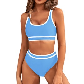 BMJL Women's High Waisted Bikini Sets Sporty Two Piece Swimsuit Color Block Cheeky High Cut Bathing Suits(M,Light Blue)