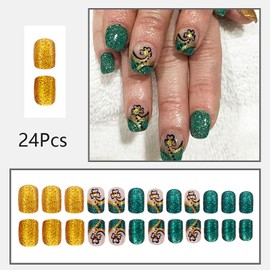 24 Pcs St. Patrick's Day Press on Nails Short Square Fake Nails with Lucky Clover Green Glitter French Tip False Nails with Rhinestone Shamrock Designs Spring Holiday Glue on Nails for Women