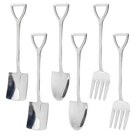 6 Pcs Silver Mini Shovel Spoons and Fork Set, 304 Stainless Steel Spade Shape Utensils 6 Inch Stirring Spoon, Ice Cream Spoons for Home Party Kitchen Restaurant Bistro