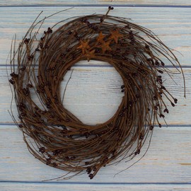 CVHOMEDECO. Primitives Rustic Pip Berries and Twig with Rusty Barn Stars Wreath, 12-Inch, Burgundy