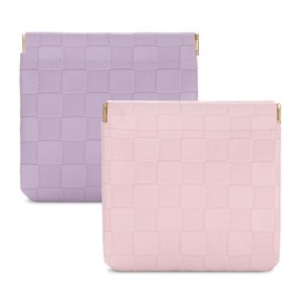 Sightor 2PCS Small Makeup Bag for Purse, Mini Cosmetic Bag Waterproof Pouch for Women, Checkered Purse Self-closing Coin Lipstick Small Leather Cosmetic Pouch (Pink, Purple)