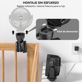 Ventilador Portátil,Mini Ventilador Personal Recargable Por USB,Con trípode flexible desmontable y función giratoria de 360,3 Velocidades,Con Pantalla,Cama de niños,Bicicletas,Cintas De Correr(Negro)