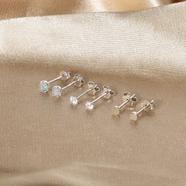 SILBERTALE 925 Sterling Silver 3mm Stud Earrings Opal Earrings Set Tiny Mini Round Flat Dot Cubic Zirconia Tragus Cartilage Studs for Multiple Piercings 3PCS Set, Opal