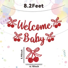Cherry Welcome Baby Banner - Fruit Theme Baby Shower Decor, Cherry Theme Baby Shower Gender Reveal Party Decorations Red Glitter