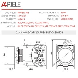 APIELE 22MM Momentary Push Button Switch 1NO 1NC Metal Head LA36A-11BN-BLUE (Blue)