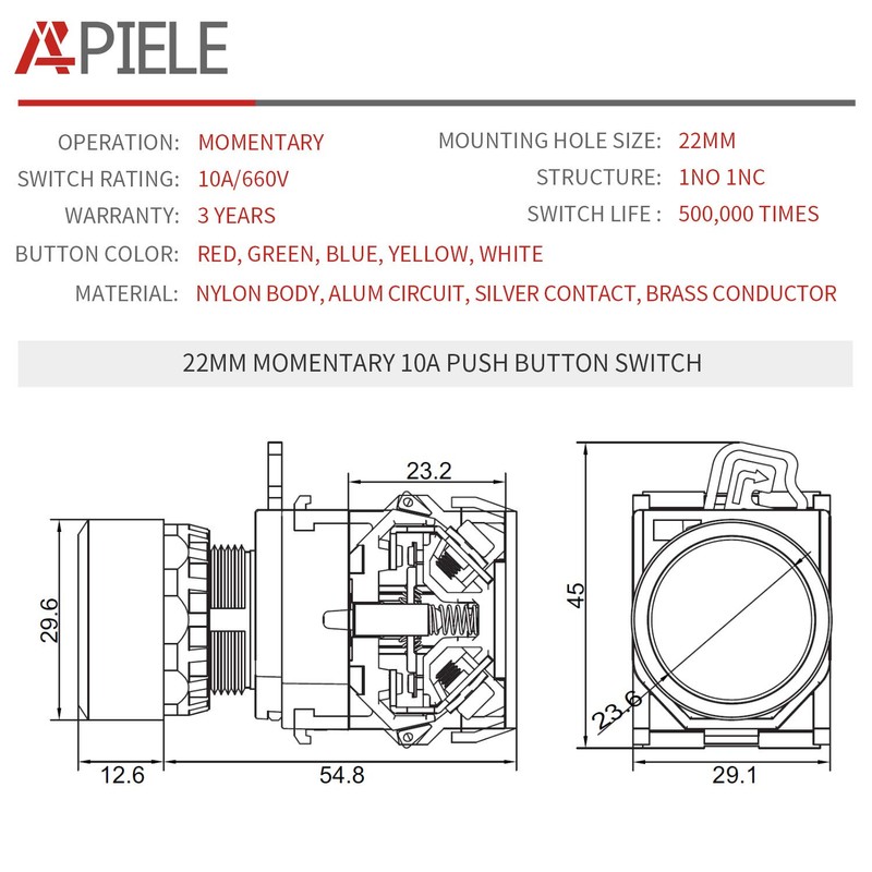 APIELE 22MM Momentary Push Button Switch 1NO 1NC Metal Head